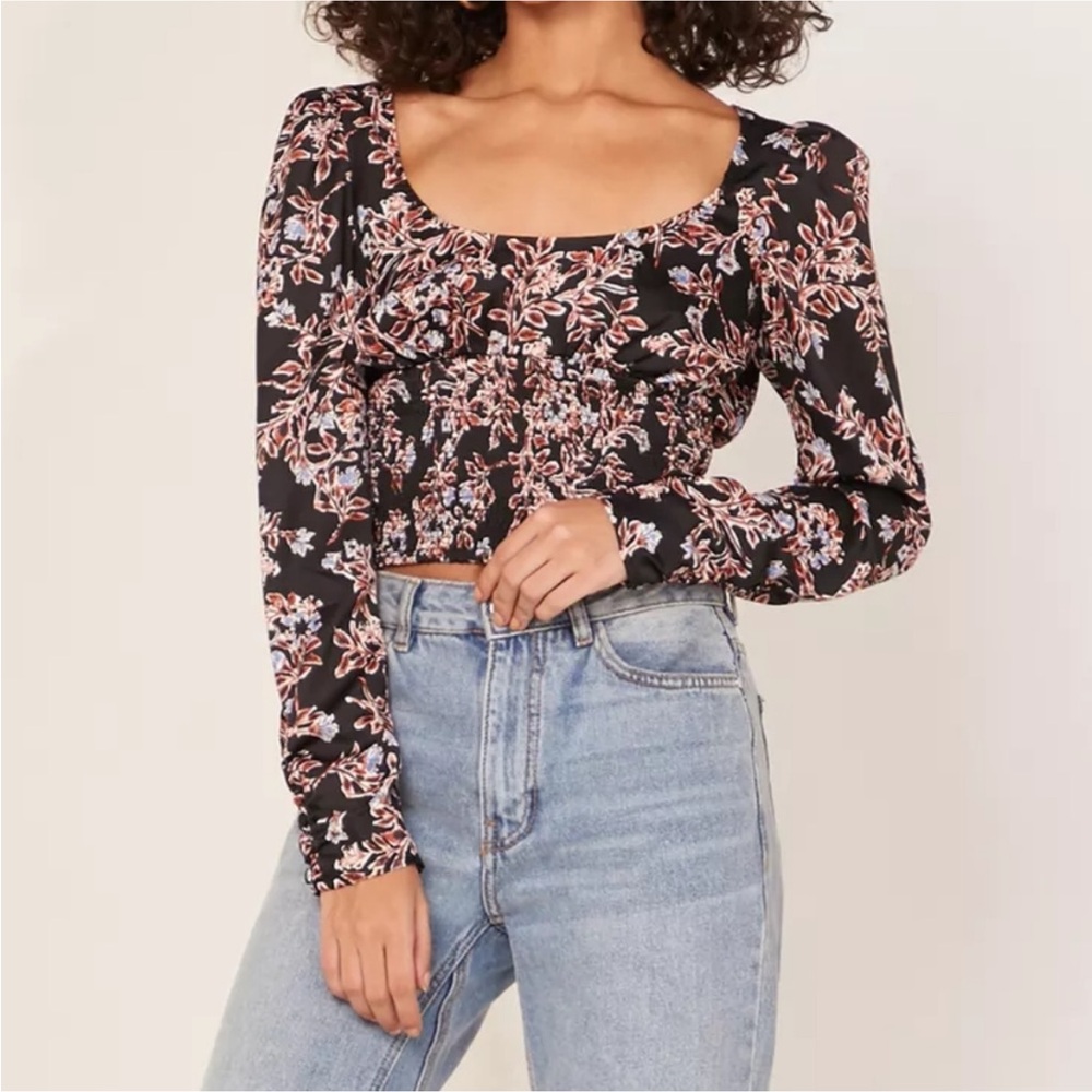 Free People Black Floral Print Santiago Smocked Cropped Blouse S
